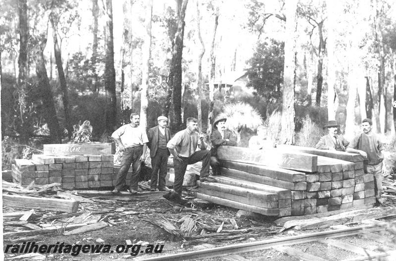 P07105
Timber cutters, stacks of sleepers, in bush setting
