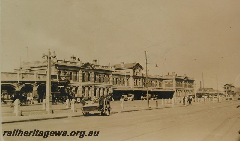 P07215
Perth Station, street side looking east, horse & cart in foreground
