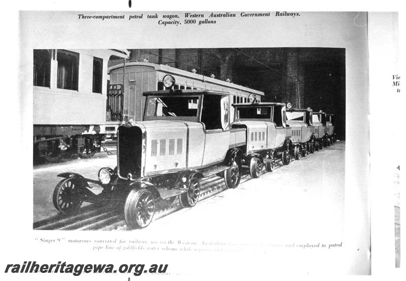 P07601
Singer 9 motorcars converted for railway use and employed to patrol the pipeline of the Goldfields Water Supply Scheme while repairs and renewals were effected, taken at the Midland Workshops
