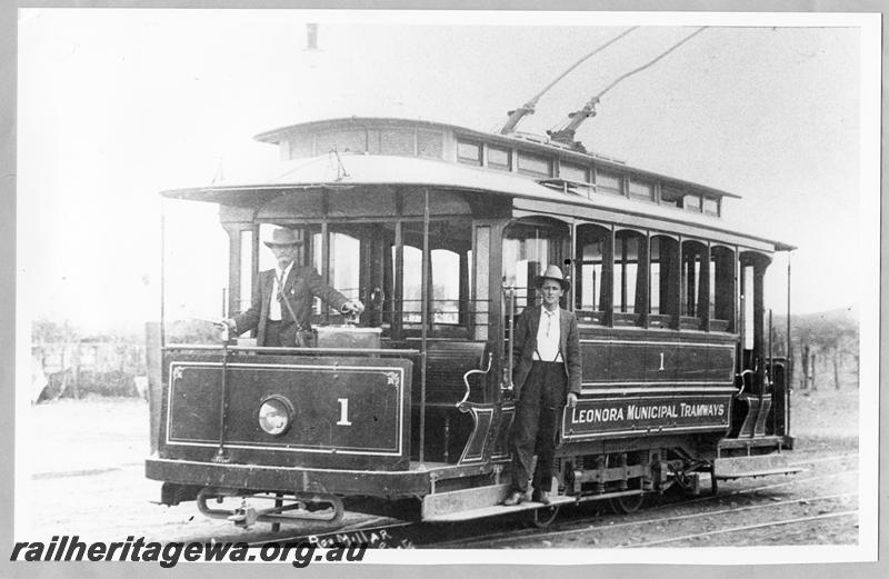 P07837
Leonora Municipal Tramways No.1, front and side view, out of service
