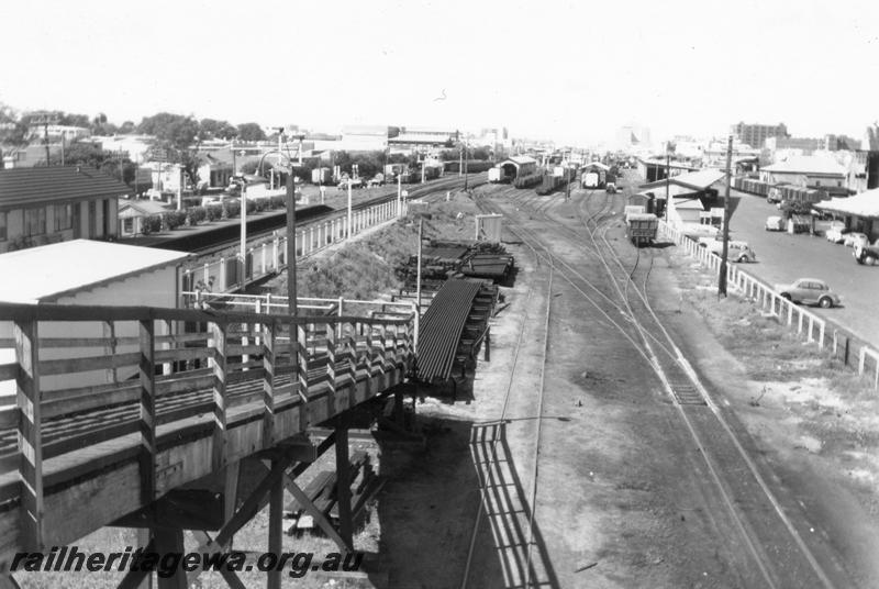 P07863
Station buildings, footbridge, goods yard, West Perth, view from footbridge looking east

