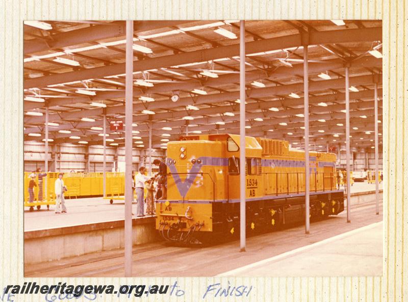 P07871
AB class 1534, Kewdale Freight shed, front and side view, on display
