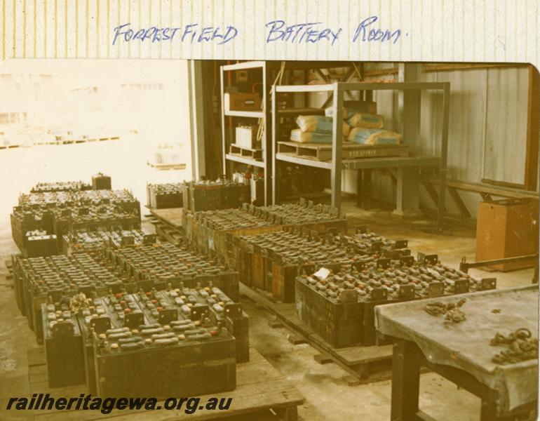 P07885
Battery Room, Forrestfield, shows pallets of batteries
