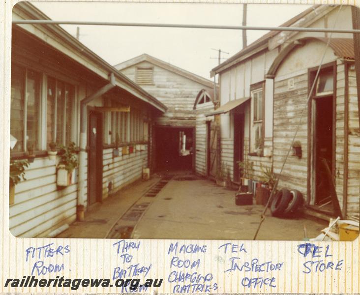 P07898
10 of 13 views of the Car & wagon depot, Perth Yard, shows from left to right, Fitters Room, narrow gauge tramway through to Battery Room, Machine Room, Tel Inspector's Office, & Tel Storeroom.

