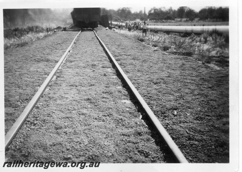 P07944
2 of 6 views of the derailment of No. 30 Goods at Westfield, 29m, 3 ch on the FA line. View along track looking towards derailment,  date of derailment 10/3/1956
