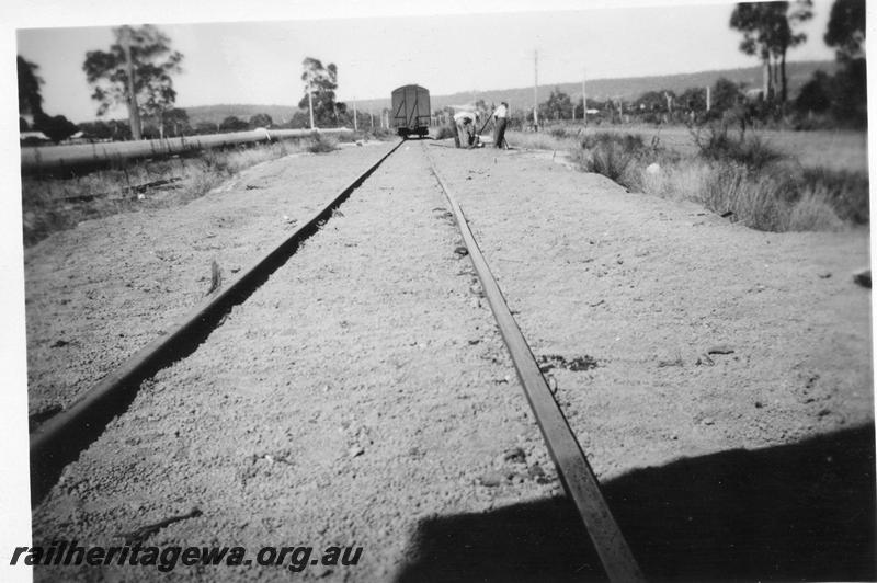 P07945
3 of 6 views of the derailment of No. 30 Goods at Westfield, 29m, 3 ch on the FA line. View along track looking towards derailment,  date of derailment 10/3/1956
