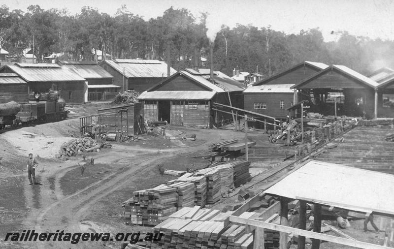 P07963
Timber mill, Jarrahdale, overall general view, postcard.
