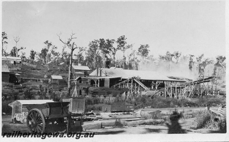 P07984
1 of 5 views of Millars mill at Marrinup, 4 kms west of Dwellingup, PN line, general view before the fire, wagon GC class 9267 in mid foreground
