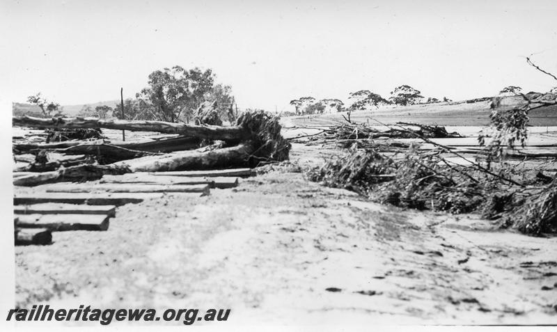 P08871
7 of 15 views of the aftermath of the washaway at Coondle, CM line on the 3rd of March 1934, debris on trackbed
