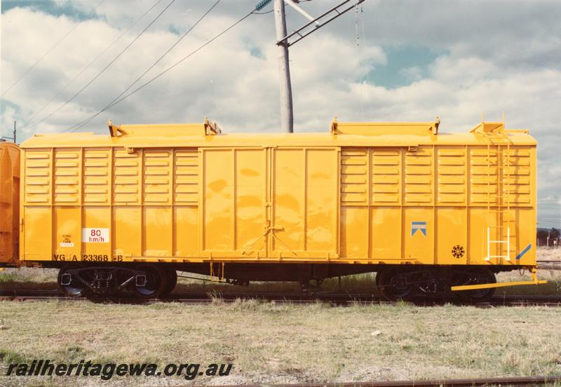 P08966
VGA class 23368-B. a VG class bogie van converted to carry grain, newly painted, side view
