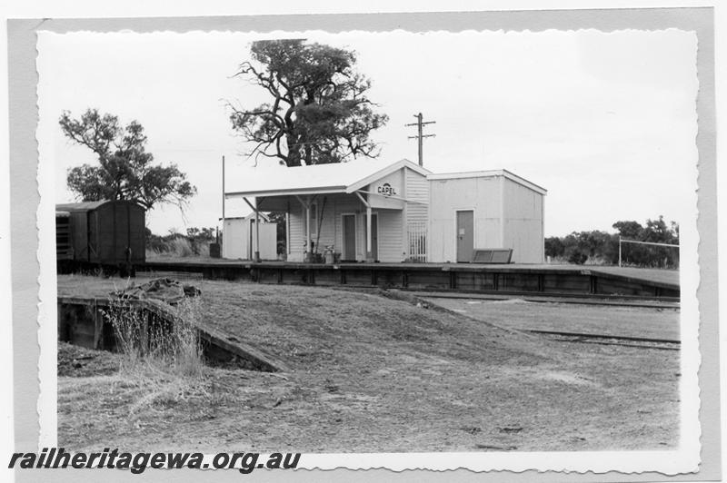 P09413
Capel, station building, platform, part of loading bank, part of wagon in siding. BB line.
