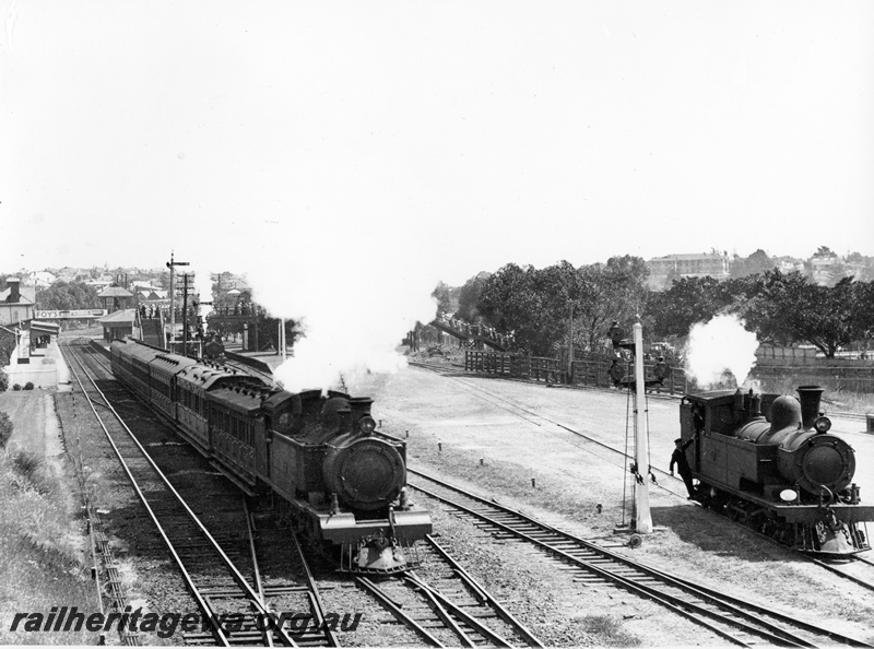 P10260
DS class on Royal Show special working departing for Perth from Claremont Station with a consist of an AD class, AP class, AS class, AT class, AT class, AU class,  N class loco in the yard, ER line
