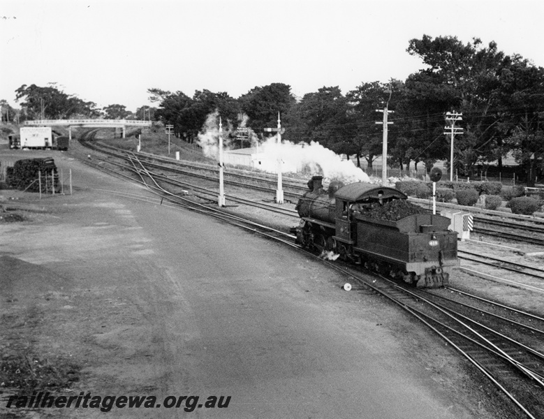 P10273
F class steam loco, light engine, signals, road over bridge, Subiaco yard, overall view of the yard looking east
