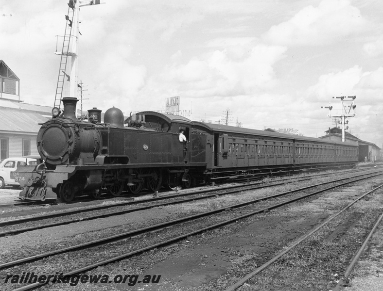 P10291
DS class 374, suburban passenger carriages, signals, Perth Carriage Sheds in background, West Perth heading west 
