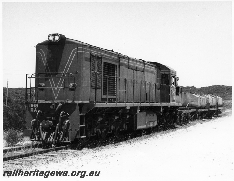 P10332
RA class 1918 in green livery, with a short train of nickel containers, Esperance, CE line, front and side view.
