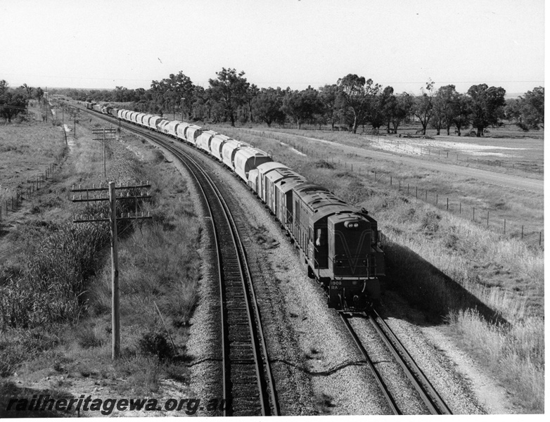 P10350
RA class 1908 Green Red and Yellow Stripes, short end leading on general freight on dual gauge track approaching Kalamunda Road overpass heading towards Forrestfield.
