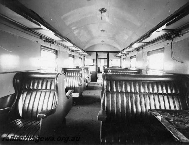 P10399
AYC class first class saloon carriage, interior view during construction, note electrical wiring hanging down from light fittings.
