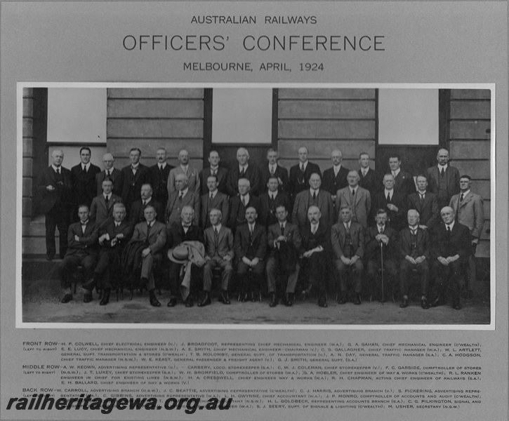 P10502
Australian Railways Officer's Conference, Melbourne, group photo, WA representatives : Front row, J. Broadfoot, C. S. Gallagher, Middle row, W. A. Bromfield, H. A. Cresswell, Back row: C. Gibbins, L. H. Gwynne, C. A. McCaul
