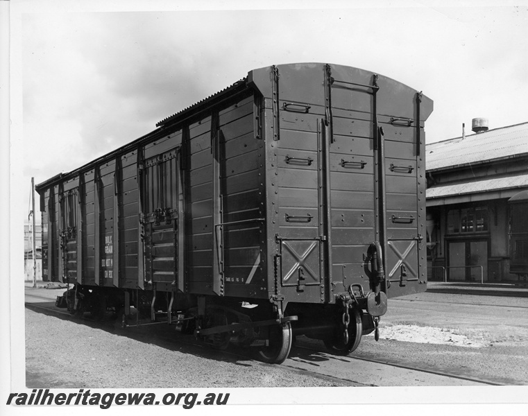 P10935
Side and end view at Midland Workshops, of RCW class 24409 high sided open wagon fitted with a roof incorporating sliding sections at either end.
