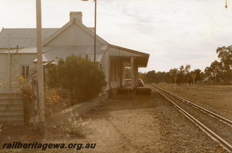 P12035
1 of 10 views of the station building at Gingin, MR line before restoration of the building, Perth end of the building looking east along the track
