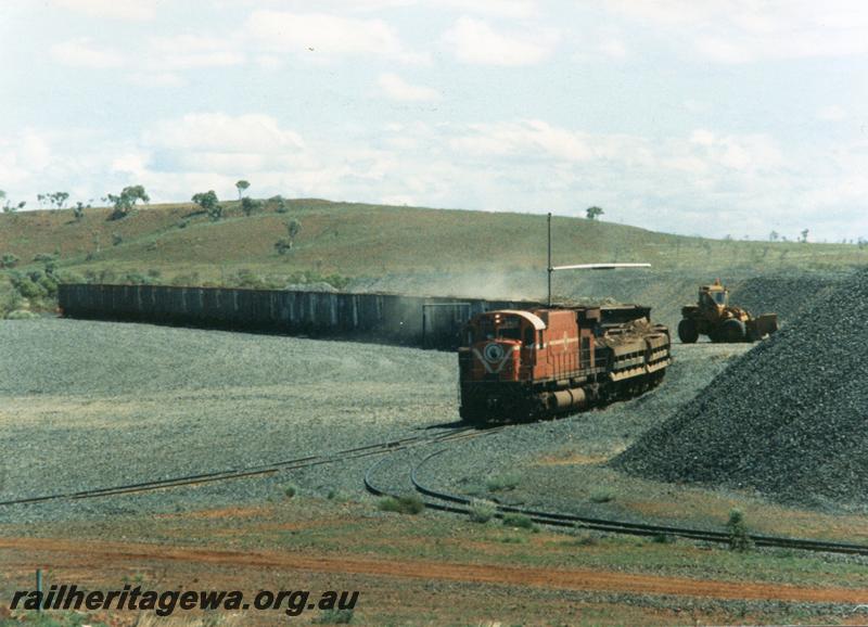 P12550
Port Hedland - Newman railway, BHP line, Quarry 8 located off Shaw Siding, Alco M636 class 5474 with a ballast train 
