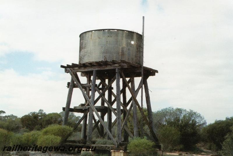 P12558
Water tower, circular corrugated iron tank, 63 miles, 40 chains from Geraldton between Binnu and Ajana, GA line
