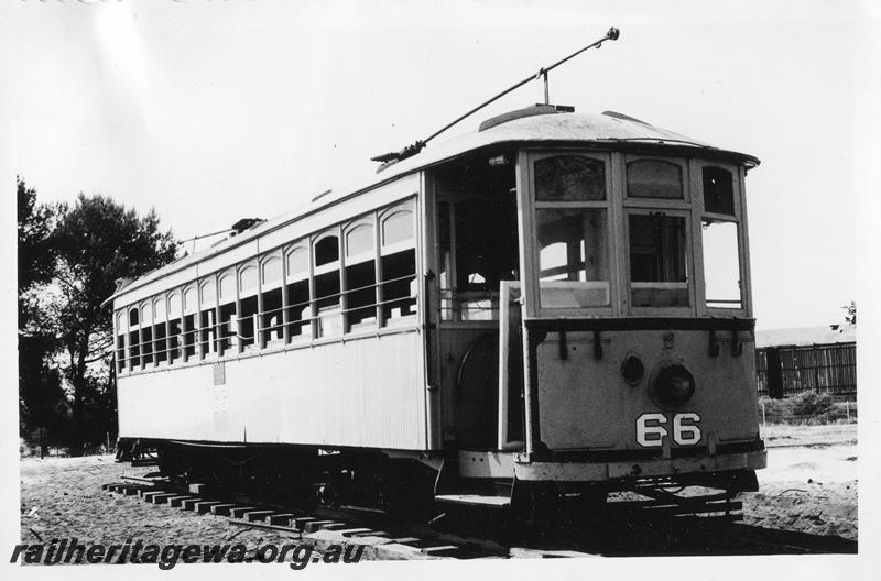 P12668
Tram No.66, recently arrived at the Rail Transport Museum on the 23rd October, 1969, side and front view
