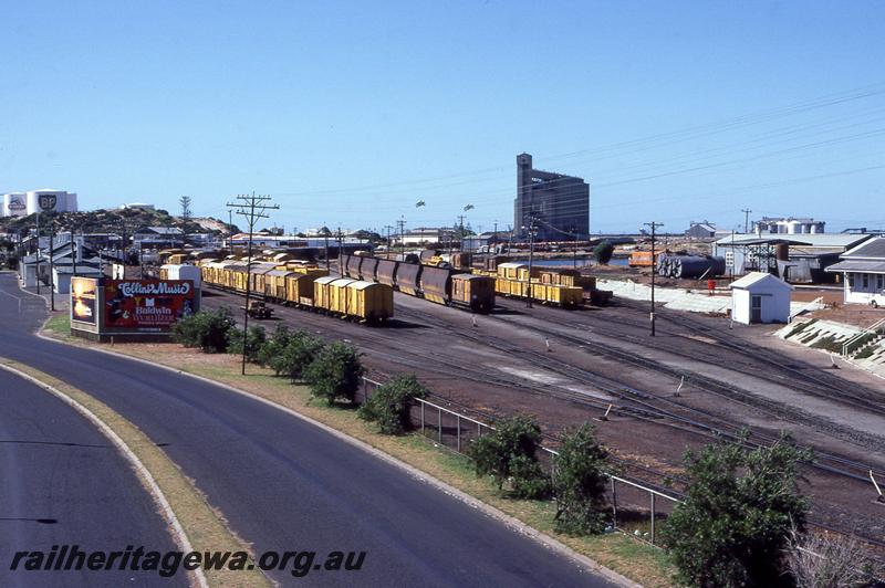 P12800
Yard CBH silo, loco depot from footbridge looking west, pair of tanks from the JG class tank wagon in the right hand background, Bunbury, SWR line
