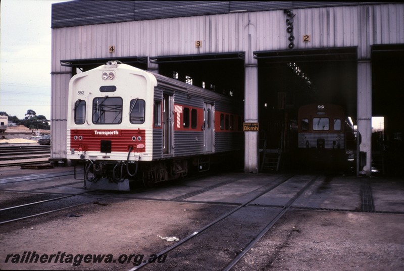 P12866
ADC class 852, Claisebrook Railcar Depot, partly in shed. front and side view
