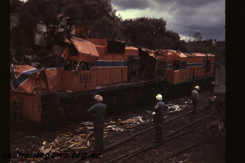 P12888
A class 1513, R class 1903, damaged and derailed due to collision at Beela, BN line, on 6.11.1981
