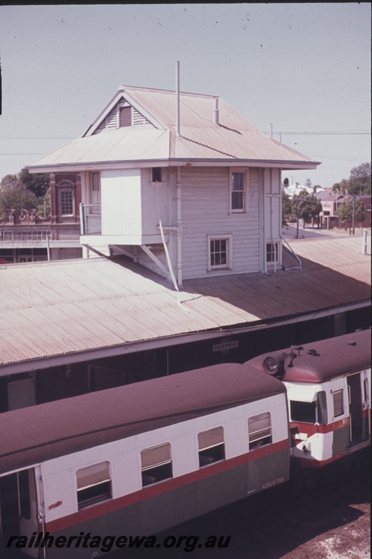 P13004
ADA/ADG class railcar set, signal box, Bassendean, view of the rear of the elevated signal box
