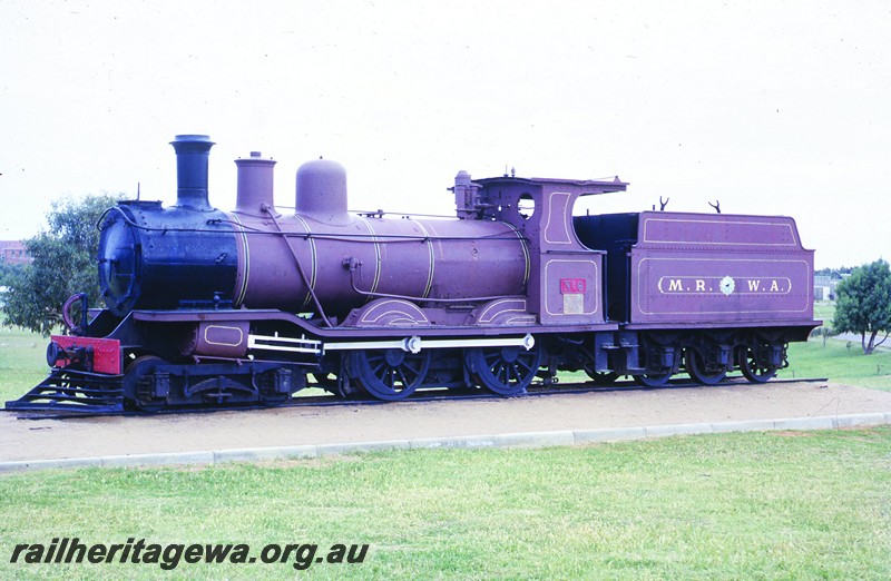 P13084
MRWA loco B class 6, Maitland Park, Geraldton, front and side view, on display
