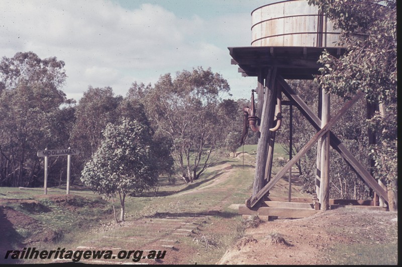 P13186
Water tower, circular corrugated iron tank, nameboard, abandoned track, Mooliaman, PN line, view along the right of way. 
