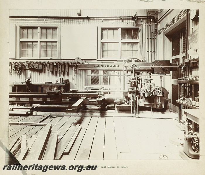 P13361
5 of 67 views taken from an album of photos of the Midland Workshops c1905.General Offices - Test Room, Interior.
