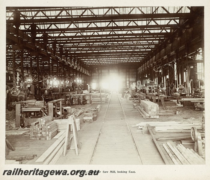 P13365
9 of 67 views taken from an album of photos of the Midland Workshops c1905. Block one, - Interior Saw Mill, Looking East.
