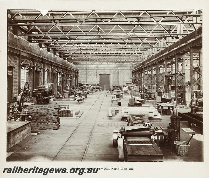 P13366
10 of 67 views taken from an album of photos of the Midland Workshops c1905. Block One, - Interior Saw Mill, North West end.
