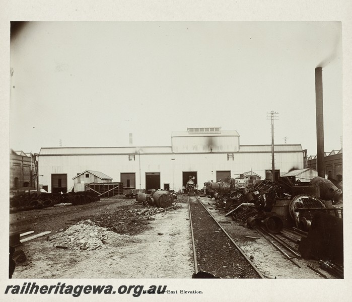 P13368
12 of 67 views taken from an album of photos of the Midland Workshops c1905. Block Two,- East Elevation.
