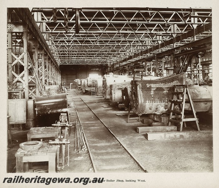 P13369
13 of 67 views taken from an album of photos of the Midland Workshops c1905. Block Two, - Interior Boiler Shop, Looking West.
