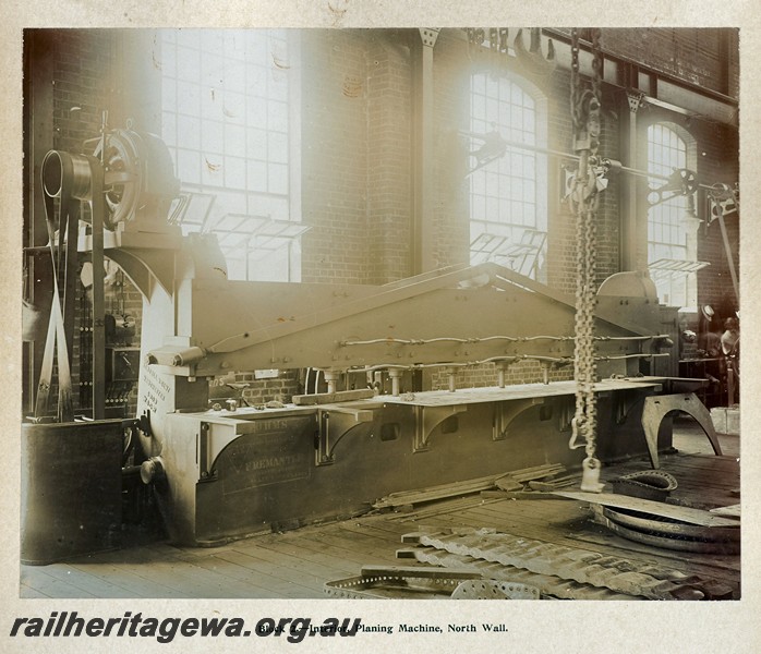 P13370
14 of 67 views taken from an album of photos of the Midland Workshops c1905. Block Two, - Interior, Planing Machine, North Wall.
