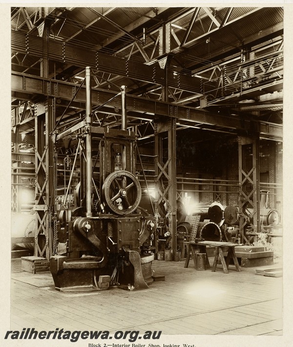 P13371
15 of 67 views taken from an album of photos of the Midland Workshops c1905. Block Two, - Interior Boiler Shop, Looking West.

