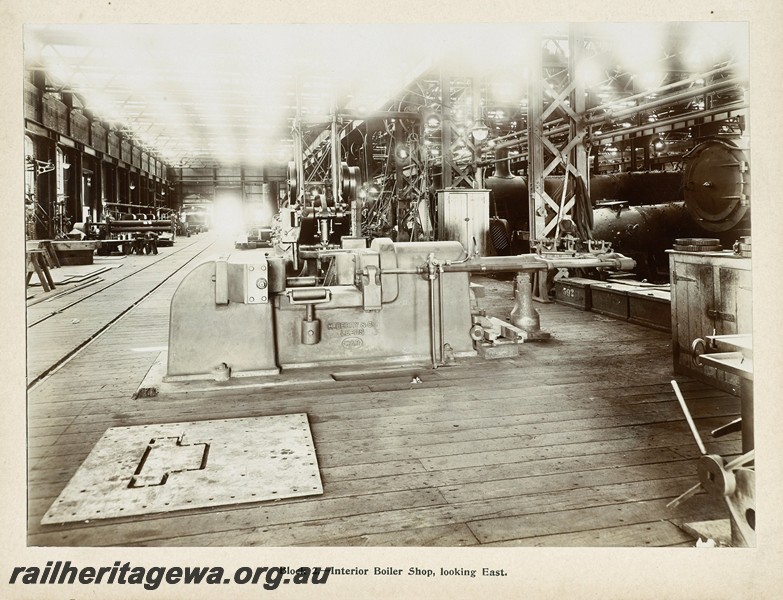 P13372
16 of 67 views taken from an album of photos of the Midland Workshops c1905. Block Two, - Interior Boiler Shop, Looking East.
