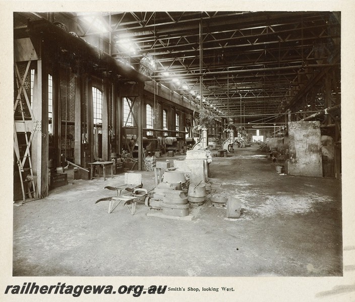 P13375
19 of 67 views taken from an album of photos of the Midland Workshops c1905.Block Two, - Interior Smith's Shop, Looking West.

