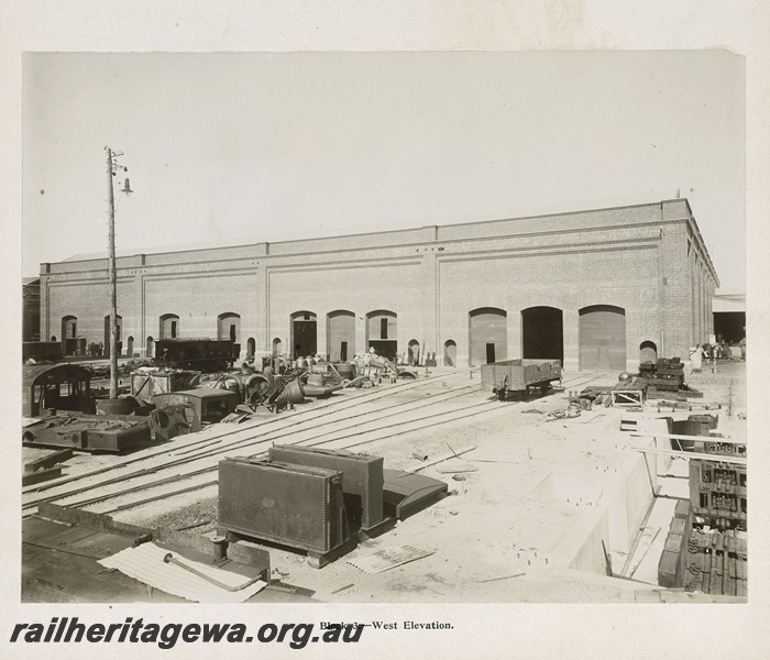 P13377
21 of 67 views taken from an album of photos of the Midland Workshops c1905. Block Three, - West Elevation.
