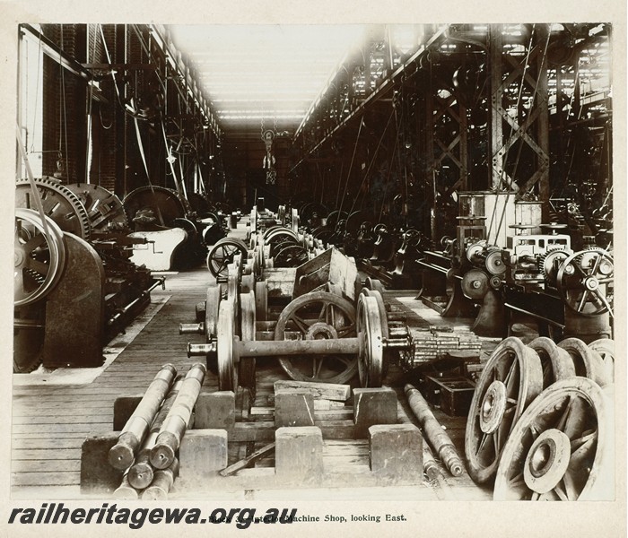 P13378
22 of 67 views taken from an album of photos of the Midland Workshops c1905. Block Three, - Interior Machine Shop, Looking East.
