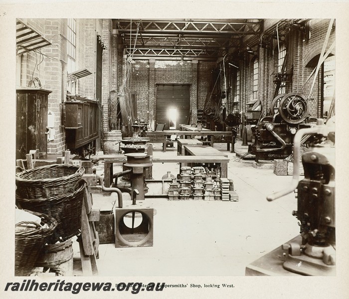 P13387
31 of 67 views taken from an album of photos of the Midland Workshops c1905. Block Three, - Interior Coppersmith's Shop, Looking West.
