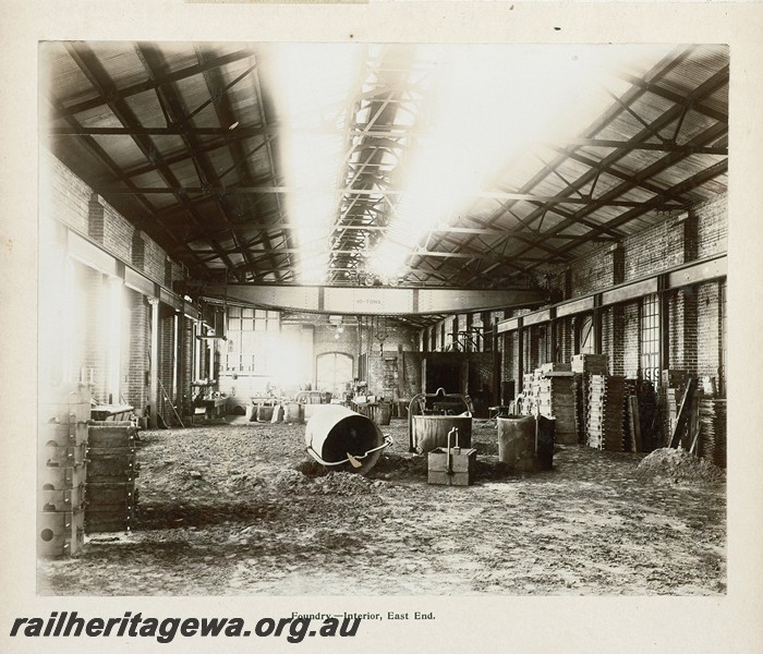 P13408
52 of 67 views taken from an album of photos of the Midland Workshops c1905. Foundry, - Interior, East End.
