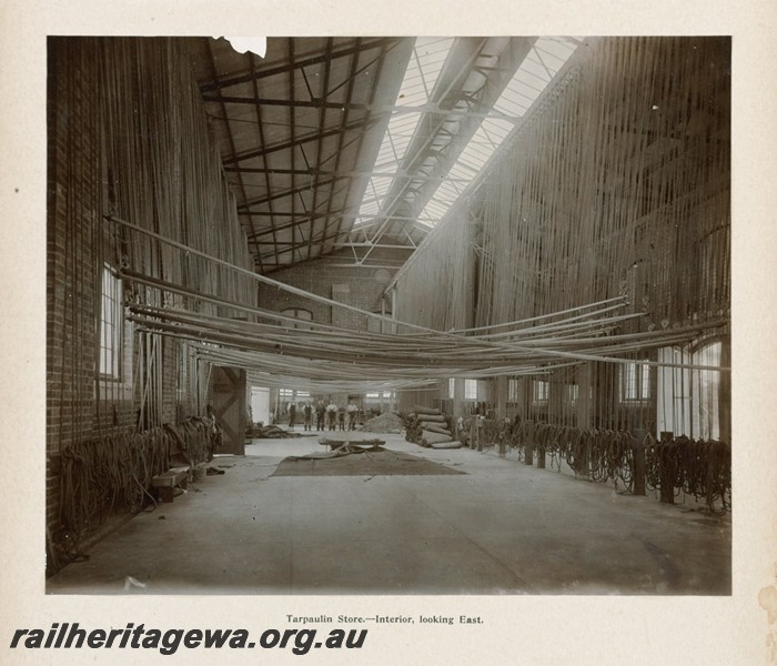 P13413
57 of 67 views taken from an album of photos of the Midland Workshops c1905. Tarpaulin Shop, - Interior, Looking East.
