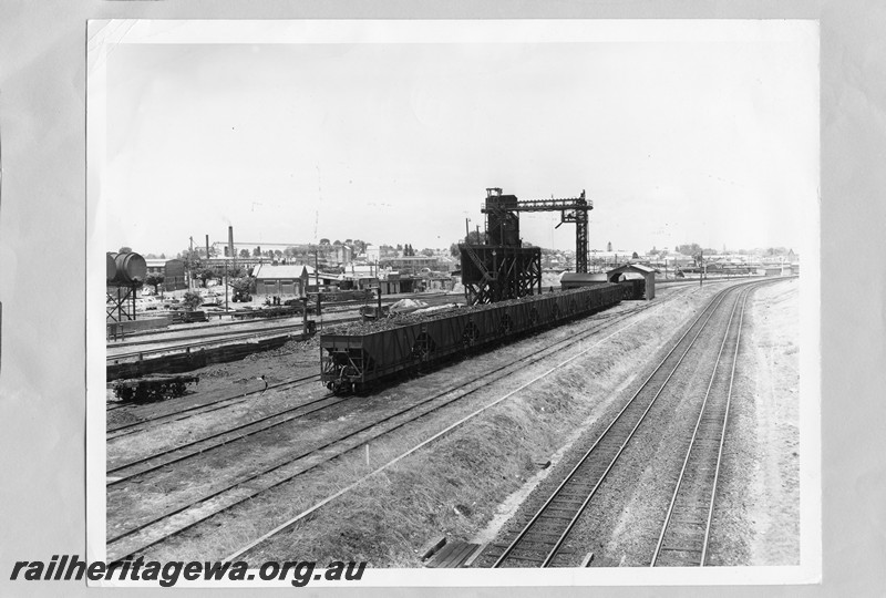 P13661
XA class coal hoppers, coaling plant, East Perth Loco Depot, elevated view looking across the tracks
