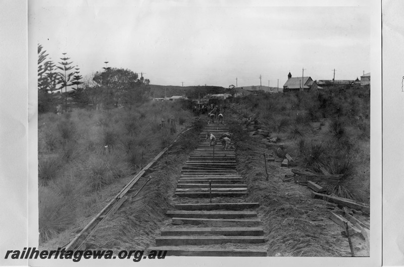 P13756
Track repairs, possibly after a derailment, Spearwood, FA line, view along the right of way.
