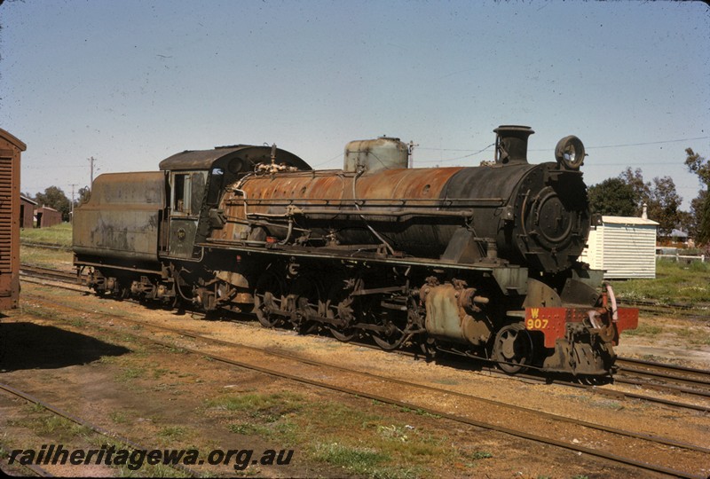 P13813
W class 907, Pinjarra, in well worn condition prior to being relocated to Steam Town, Peterborough, South Australia in 1979.
